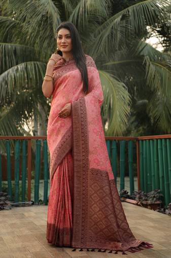 Peach woven design kanjivaram soft silk saree with blouse