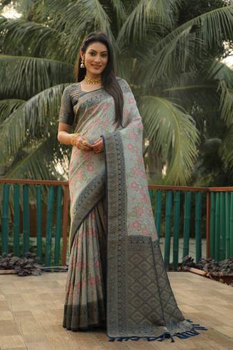 Grey woven design kanjivaram soft silk saree with blouse