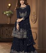 Navy Blue Georgette Thread Work Bridal Sharara Suit