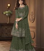 Eid Sharara Suit In Mehendi Green Georgette Embroidered