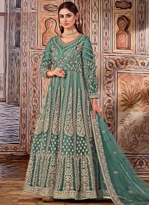 Teal Green Net Embroidered Bridal Abaya Anarkali Suit 1
