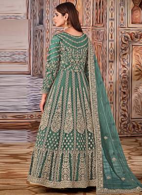 Teal Green Net Embroidered Bridal Abaya Anarkali Suit 2
