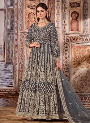 Grey Net Semi Stitched Bridal Anarkali Suit 1
