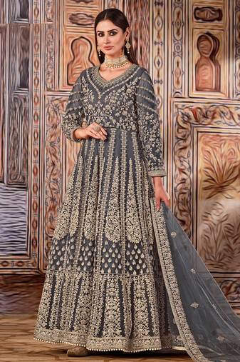Grey Net Semi Stitched Bridal Anarkali Suit