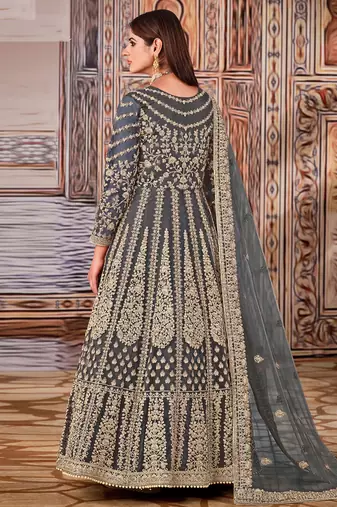 Grey Net Semi Stitched Bridal Anarkali Suit