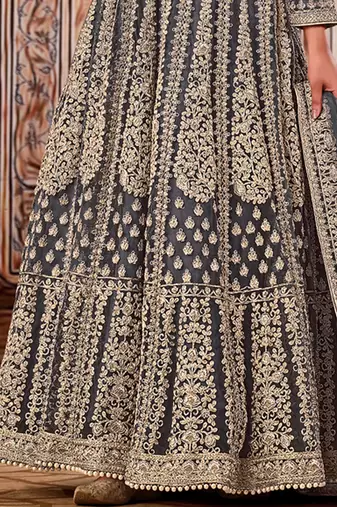 Grey Net Semi Stitched Bridal Anarkali Suit