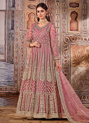 Pink Net Bridal Abaya Embroidered Anarkali Churidar Suit 1