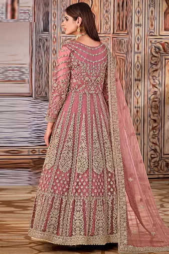 Pink Net Bridal Abaya Embroidered Anarkali Churidar Suit