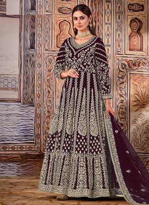 Wine Net Bridal Embrodiered Abaya Anarkali Suit 1