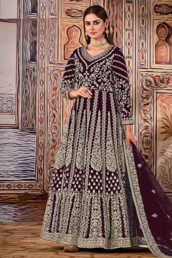 Wine Net Bridal Embrodiered Abaya Anarkali Suit