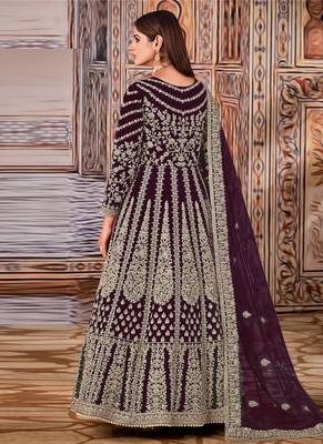 Wine Net Bridal Embrodiered Abaya Anarkali Suit 2