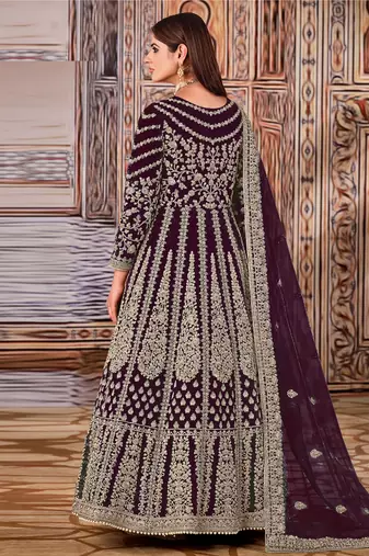Wine Net Bridal Embrodiered Abaya Anarkali Suit