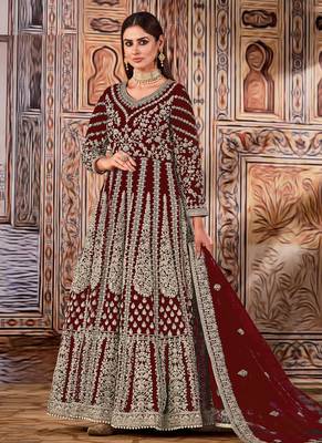 Maroon Net Bridal Embroidered Abaya Anarkali Suit 1