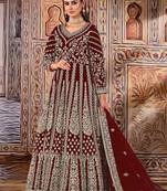 Maroon Net Bridal Embroidered Abaya Anarkali Suit
