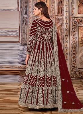 Maroon Net Bridal Embroidered Abaya Anarkali Suit 2