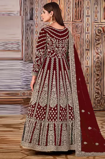 Maroon Net Bridal Embroidered Abaya Anarkali Suit