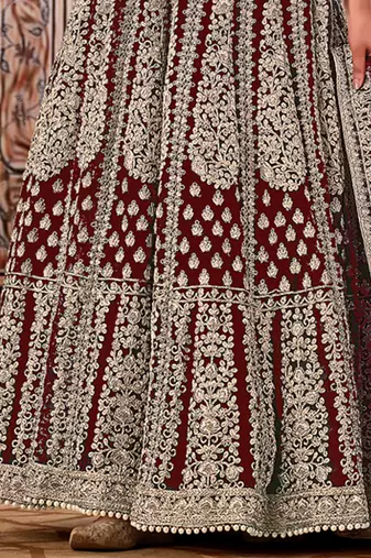 Maroon Net Bridal Embroidered Abaya Anarkali Suit