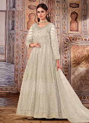cream net embroidered bridal abaya style churidar suit 1