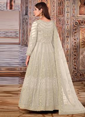 cream net embroidered bridal abaya style churidar suit 2