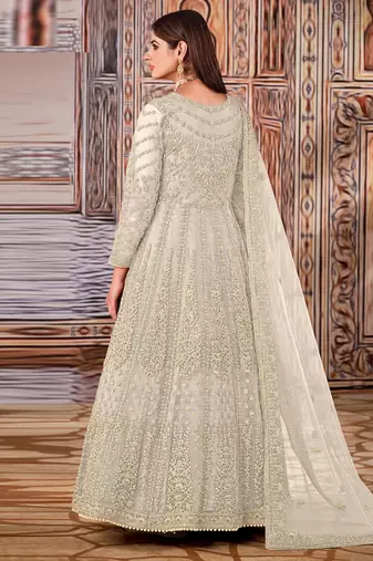 cream net embroidered bridal abaya style churidar suit