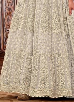 cream net embroidered bridal abaya style churidar suit 3