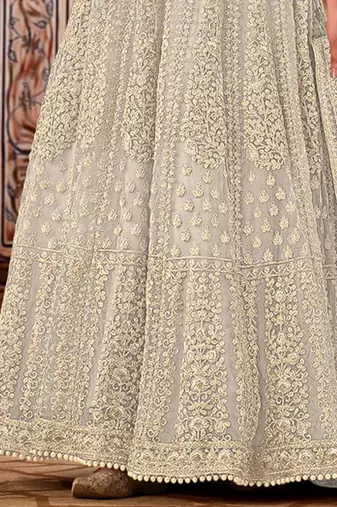 cream net embroidered bridal abaya style churidar suit