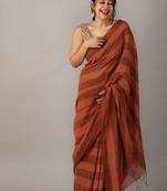 Superb Brown Striped Cotton Sarees With Blouse Piece