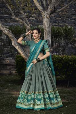 Women's Tussar Silk With Foil Print Lehenga Choli  4