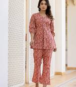  ethnic motifs print rust cotton a-line co-ord set