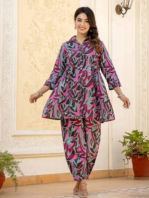  multi leaf print cotton co-ord set 1