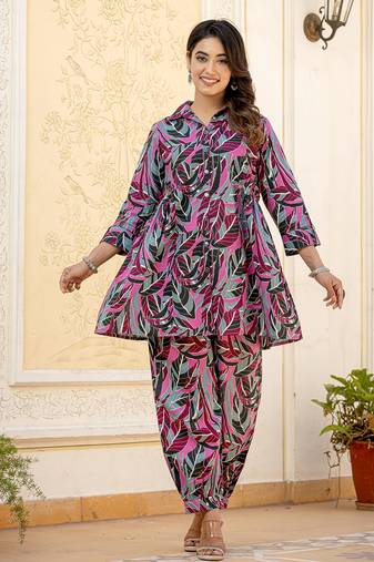  multi leaf print cotton co-ord set