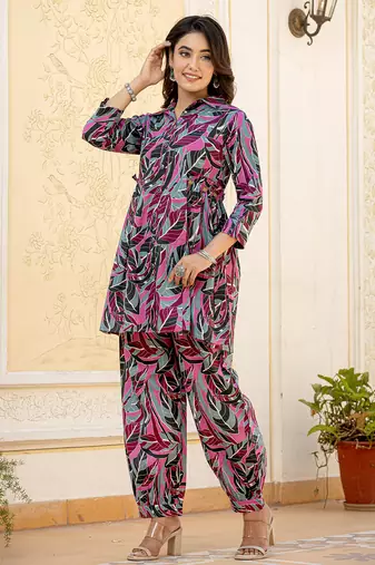  multi leaf print cotton co-ord set