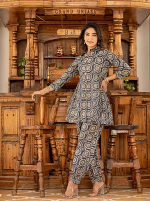  ethnic motifs print navy blue cotton co-ord set 2