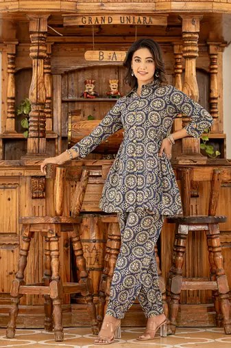  ethnic motifs print navy blue cotton co-ord set