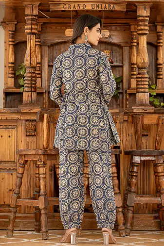  ethnic motifs print navy blue cotton co-ord set