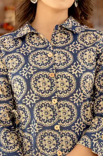  ethnic motifs print navy blue cotton co-ord set