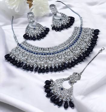 Lalso montana blue silver rhodium plated kundan brass bridal necklace jewelry set - ll-1001 bl 1