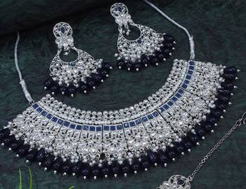 Lalso montana blue silver rhodium plated kundan brass bridal necklace jewelry set - ll-1001 bl 2