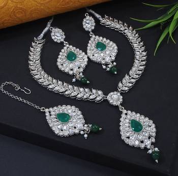 Lalso green silver rhodium plated kundan brass necklace jewelry set - ll-1002 gr 1
