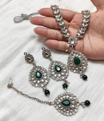 Lalso green silver rhodium plated kundan brass necklace jewelry set - ll-1002 gr 3