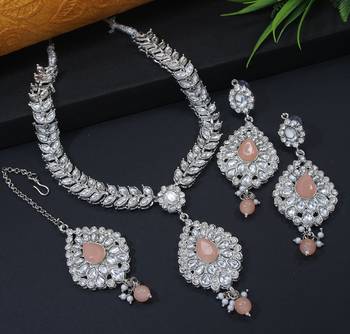 Lalso peach silver rhodium plated kundan brass necklace jewelry set - ll-1002 ph 1