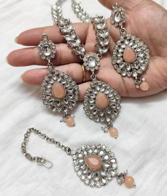 Lalso peach silver rhodium plated kundan brass necklace jewelry set - ll-1002 ph 3