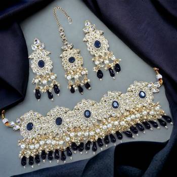 Lalso beautiful kundan jewellery work montana blue choker necklace set with maangtika - ll-1003 bl 1