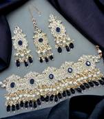 Lalso beautiful kundan jewellery work montana blue choker necklace set with maangtika - ll-1003 bl