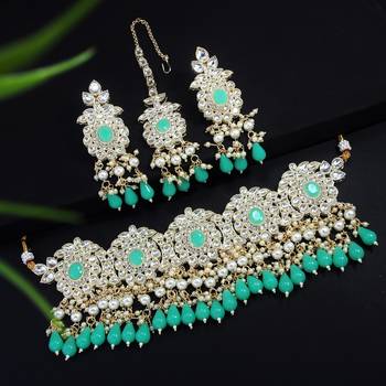 Lalso beautiful kundan jewellery work mint green choker necklace set with maangtika - ll-1003 sg 1