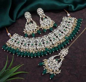 Lalso bollywood style kundan jewellery necklace set with maang tika - ll-1004 gr 2