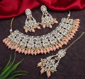 Lalso bollywood style kundan jewellery necklace set with maang tika - ll-1004 ph 1
