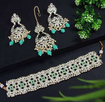 Lalso designer kundan pearl work mint green choker jewellery necklace set with maangtika - ll-1005 sg 1