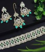 Lalso designer kundan pearl work mint green choker jewellery necklace set with maangtika - ll-1005 sg