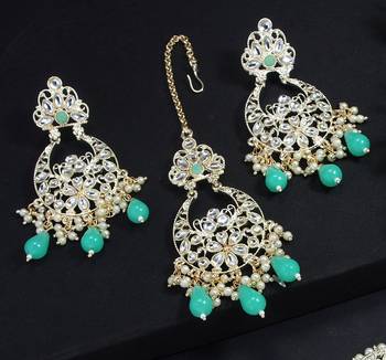 Lalso designer kundan pearl work mint green choker jewellery necklace set with maangtika - ll-1005 sg 3